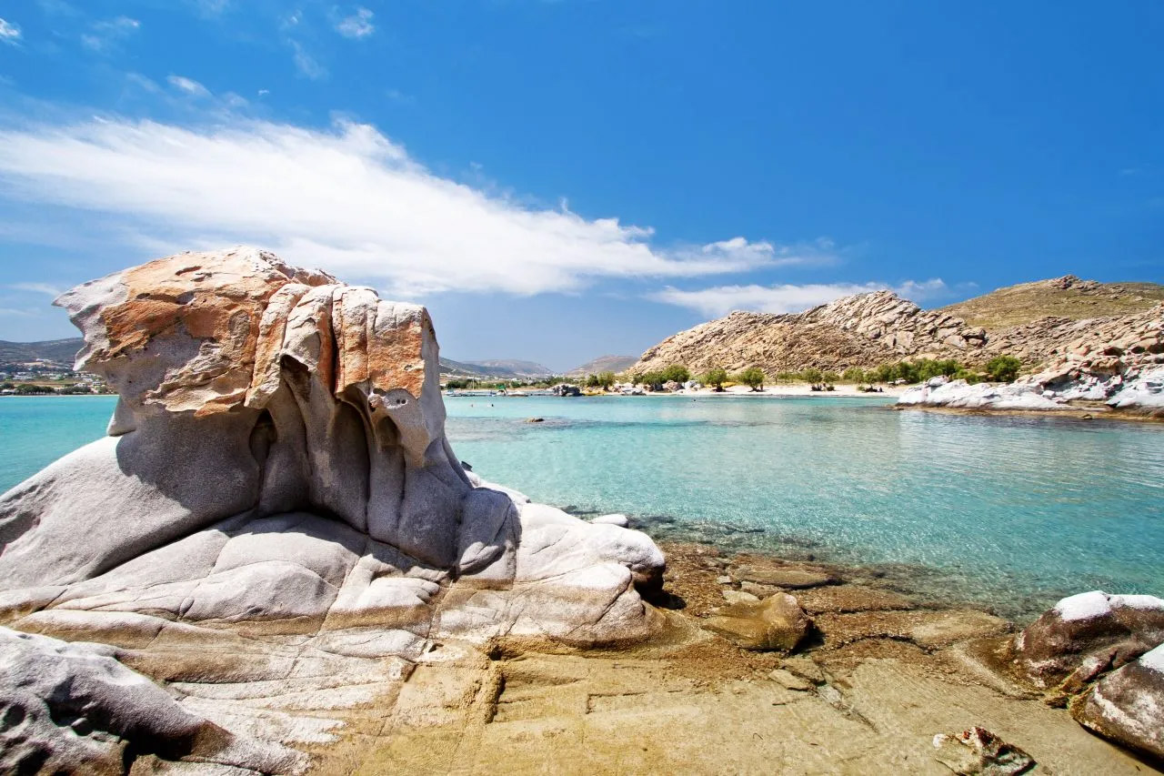 Scenic rock formations and crystal-clear turquoise waters on Paros island, Greece, under a bright summer sky.