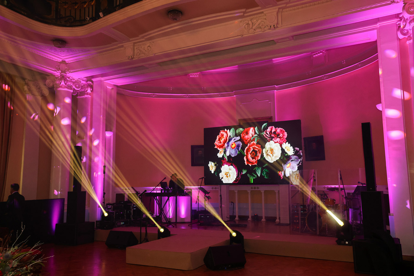 Elegant event stage setup in Greece with LED screen and lighting — DMC agency preparing for a corporate and incentive event.
