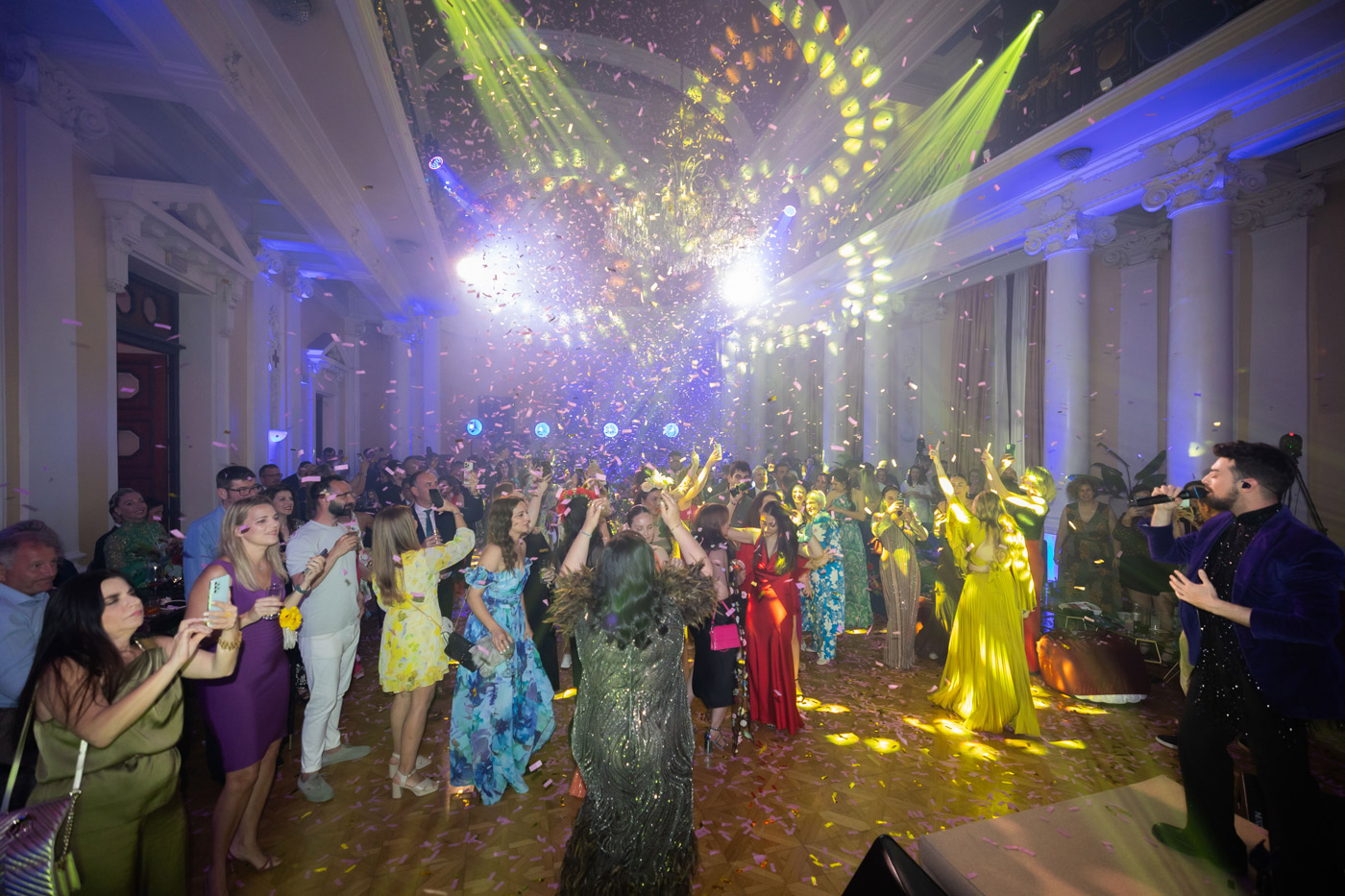 Corporate gala event in Greece — DMC agency organizing luxury incentive celebration with live music, confetti, and guests enjoying an unforgettable night.