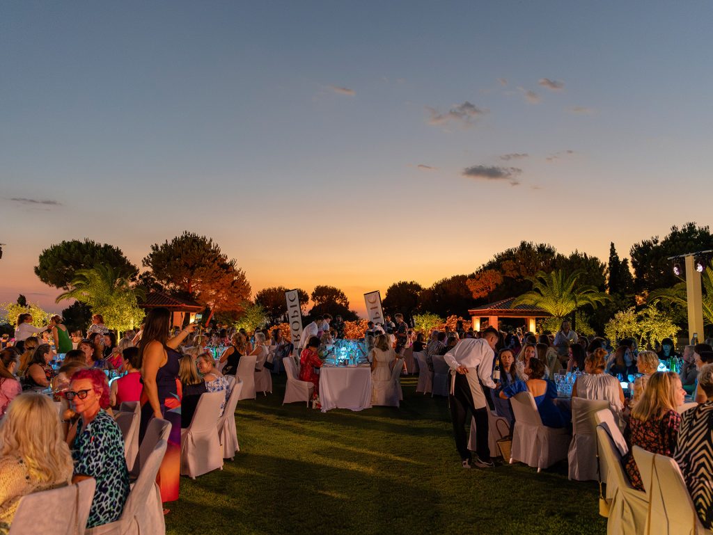 Sunset gala dinner for TROPIC Skincare incentive trip in Messinia, celebrating ethical beauty, Greek hospitality and connection.